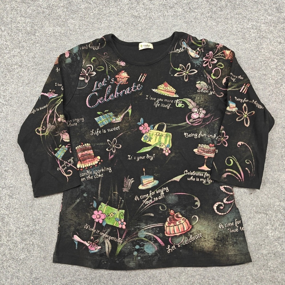 Cactus Shirt Womens Medium Black Lets Celebrate Rhinestone 3/4 Sleeve Tee